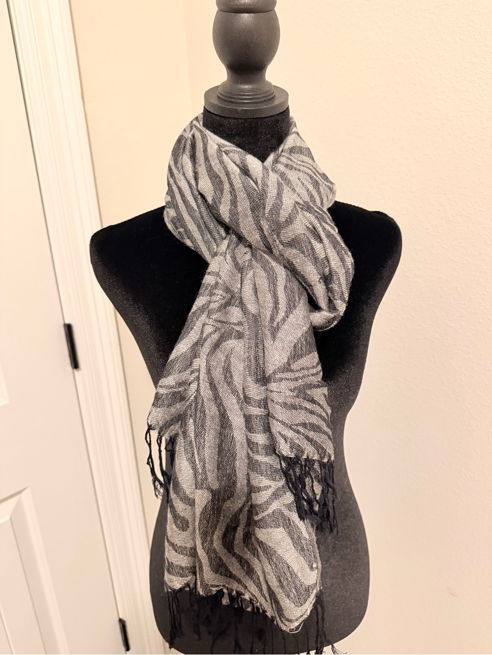 Zebra Print Fringe Scarf - Gray and Black